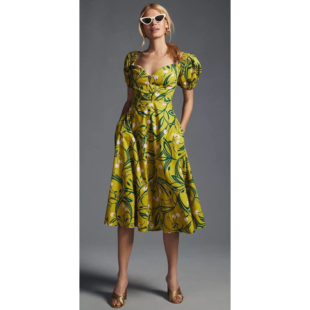 Anthropologie Maeve CHARTREUSE Puff-Sleeve Sweetheart Dress Size 2